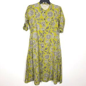 Ulsa Women Floral Cotton Linen Midi Dress Sz M Green Button Front Summer Beach